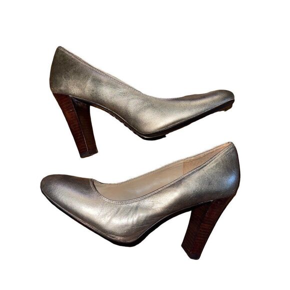 Michael Kors Gold Metallic Leather Pumps With Wooden Heel  Size 7M - Picture 9 of 13